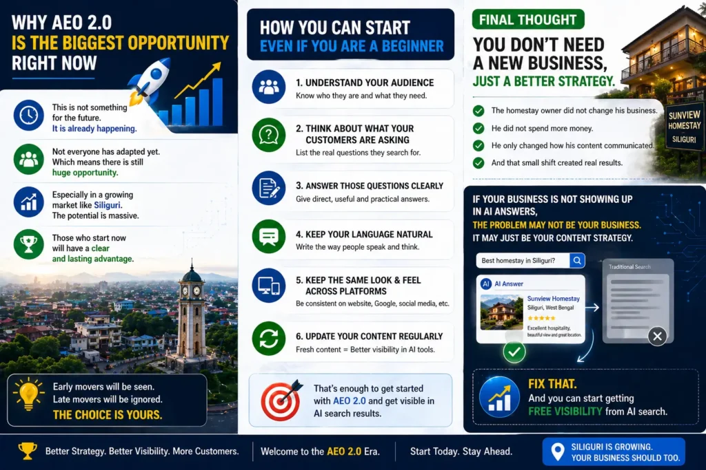 Infographic explaining why AEO 2.0 is the biggest opportunity for businesses in Siliguri.