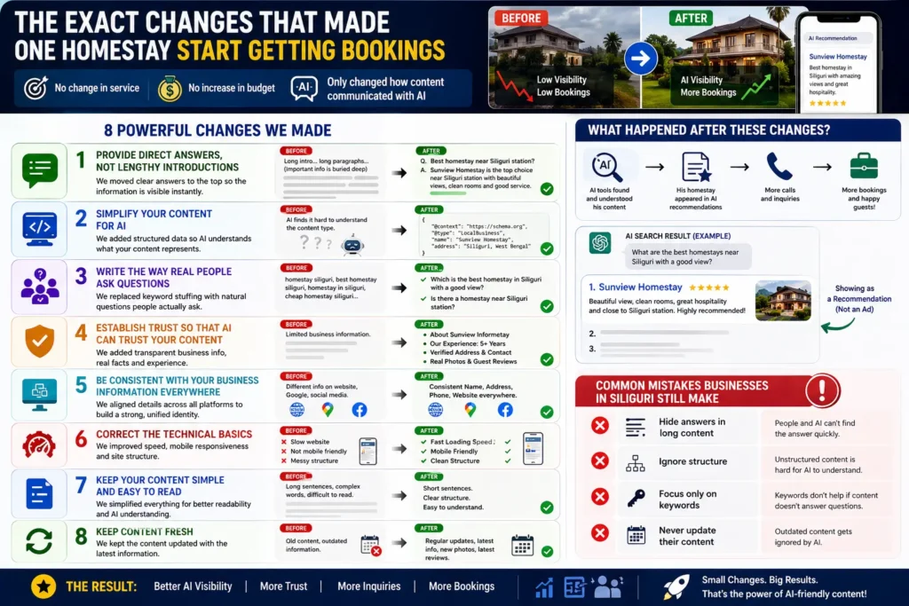 Comparison of before and after changes for a Siliguri homestay to get more bookings using AI visibility.