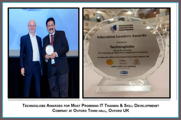 Technoglobe receiving best IT training and skill development award at Oxford Town Hall for excellence in education and career focused learning