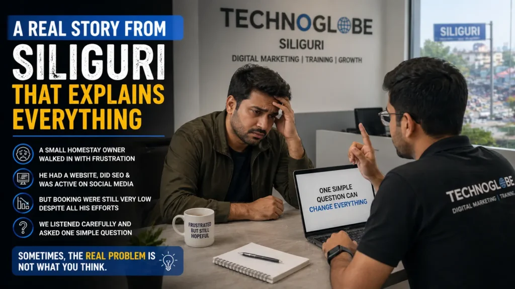 Technoglobe Siliguri expert providing digital marketing consultation to a frustrated business owner.